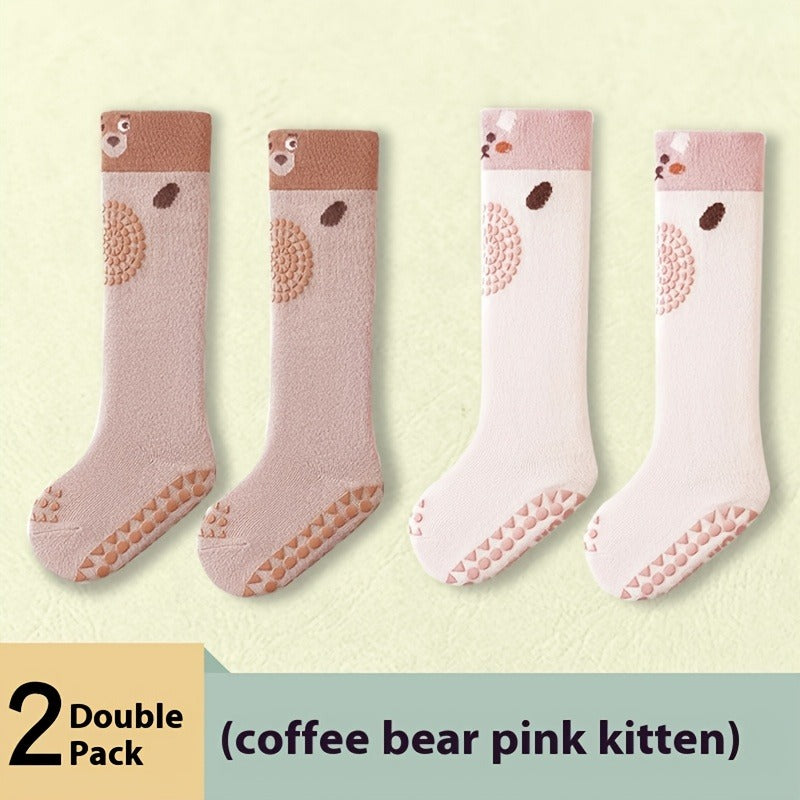 Baby Knee High Socks in Two Pair Animal Sets with Grippy Soles and Knit Legs for Everyday Little Outfits