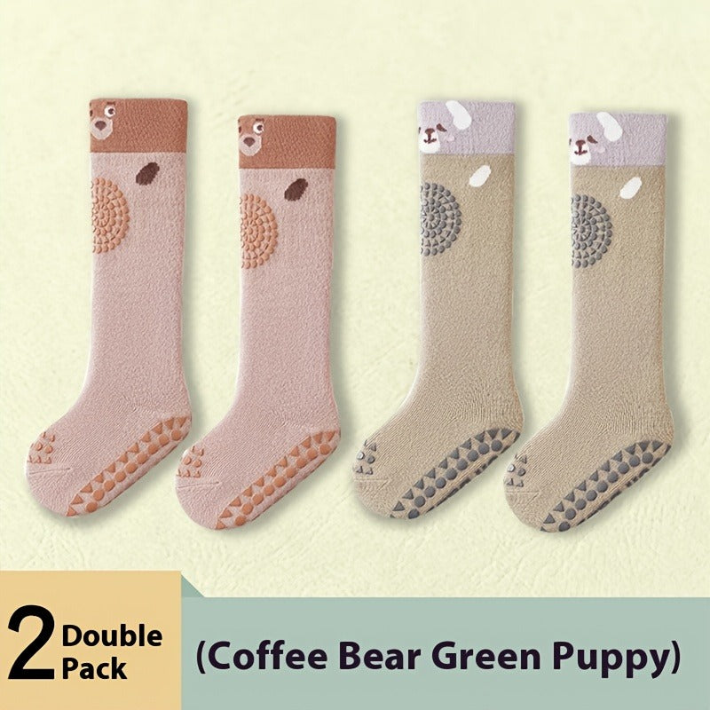 Baby Knee High Socks in Two Pair Animal Sets with Grippy Soles and Knit Legs for Everyday Little Outfits