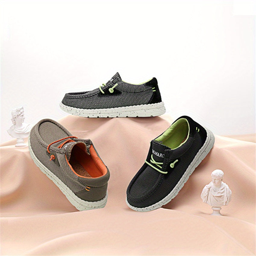 Slip On Loafers for Kids with Textured Fabric Uppers and Speckled White Soles for Everyday Outfits